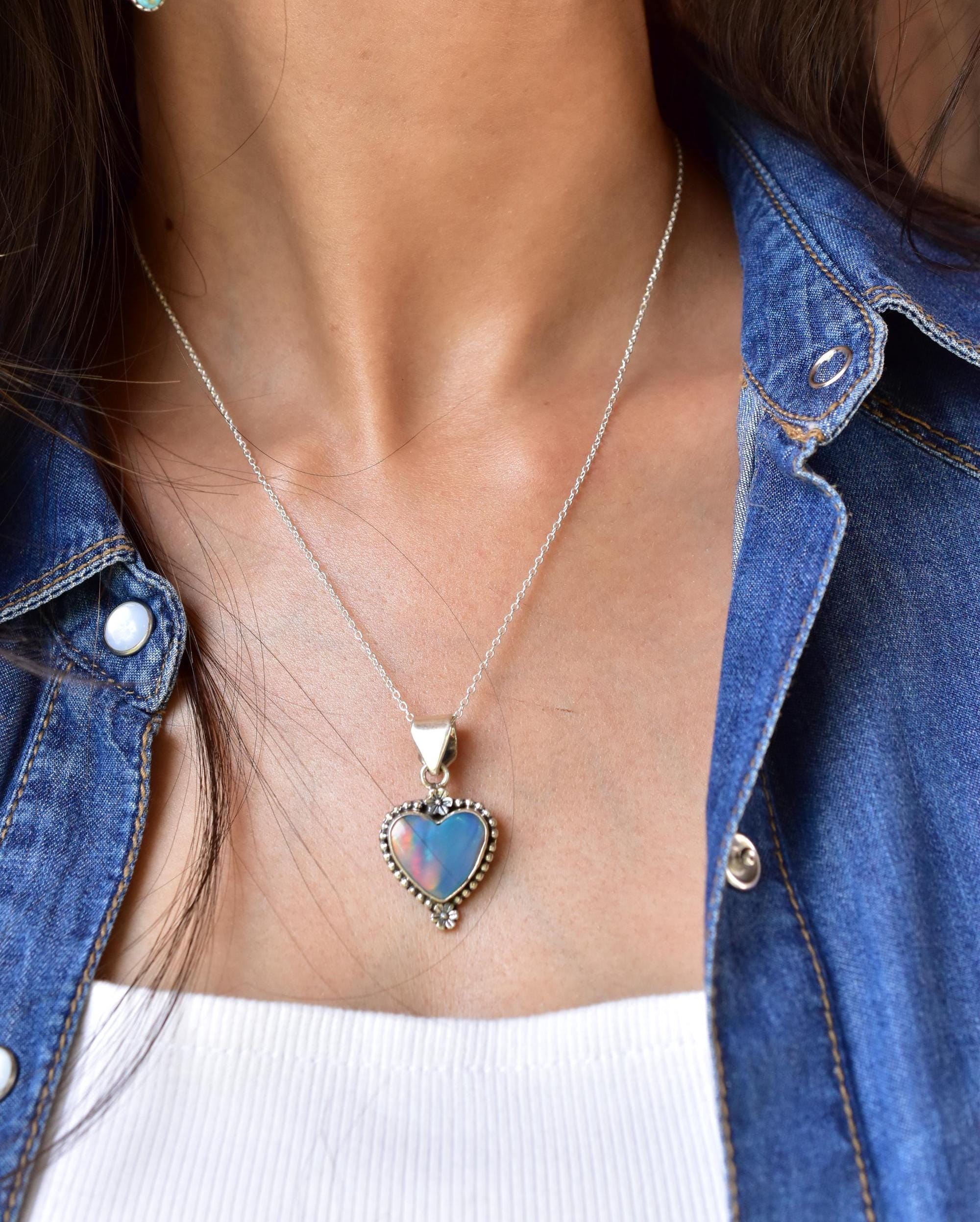 Handmade Aurora Opal & Sterling Silver Heart Pendant with 16 inch Adjustable Chain