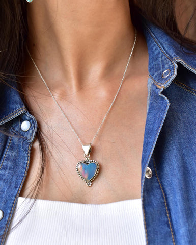 Handmade Aurora Opal & Sterling Silver Heart Pendant with 16 inch Adjustable Chain