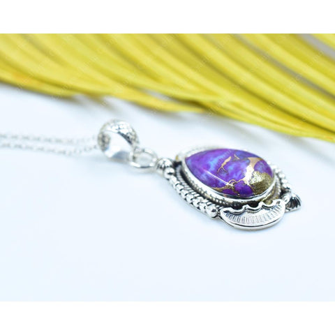 Handmade Purple Blue Turquoise & Sterling Silver Pendant with 16 inch Adjustable Chain