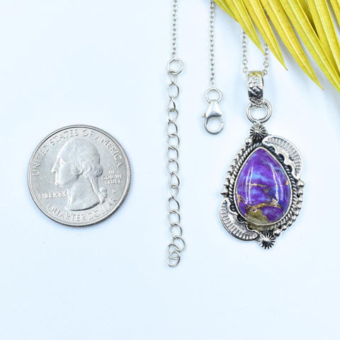 Handmade Purple Blue Turquoise & Sterling Silver Pendant with 16 inch Adjustable Chain