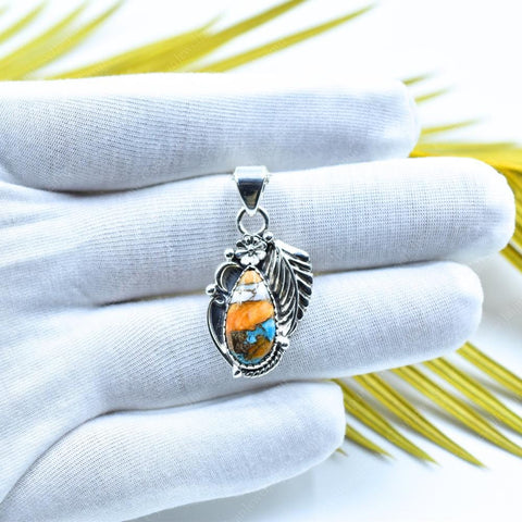 Handmade Spiny Oyster Turquoise & Sterling Silver Pendant with 16 inch Adjustable Chain