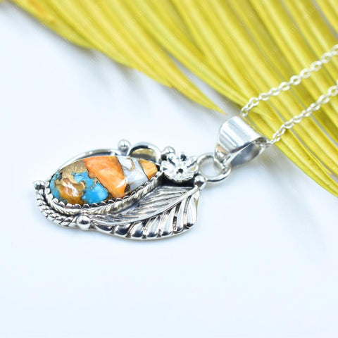 Handmade Spiny Oyster Turquoise & Sterling Silver Pendant with 16 inch Adjustable Chain