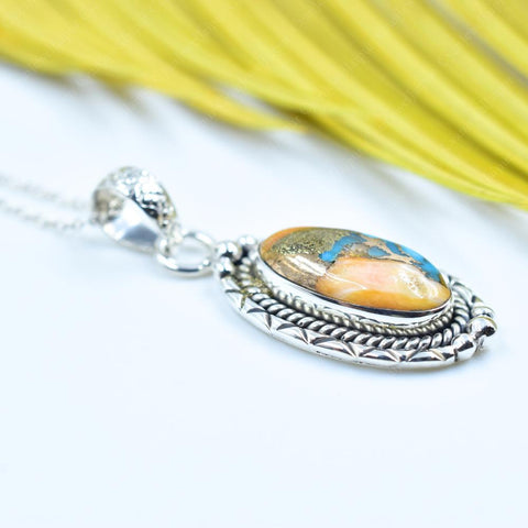 Handmade Spiny Oyster Turquoise & Sterling Silver Pendant with 16 inch Adjustable Chain