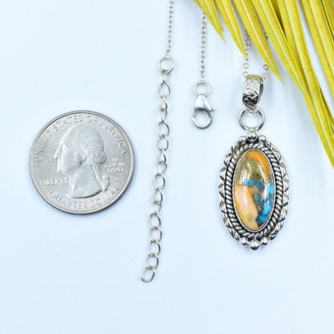 Handmade Spiny Oyster Turquoise & Sterling Silver Pendant with 16 inch Adjustable Chain