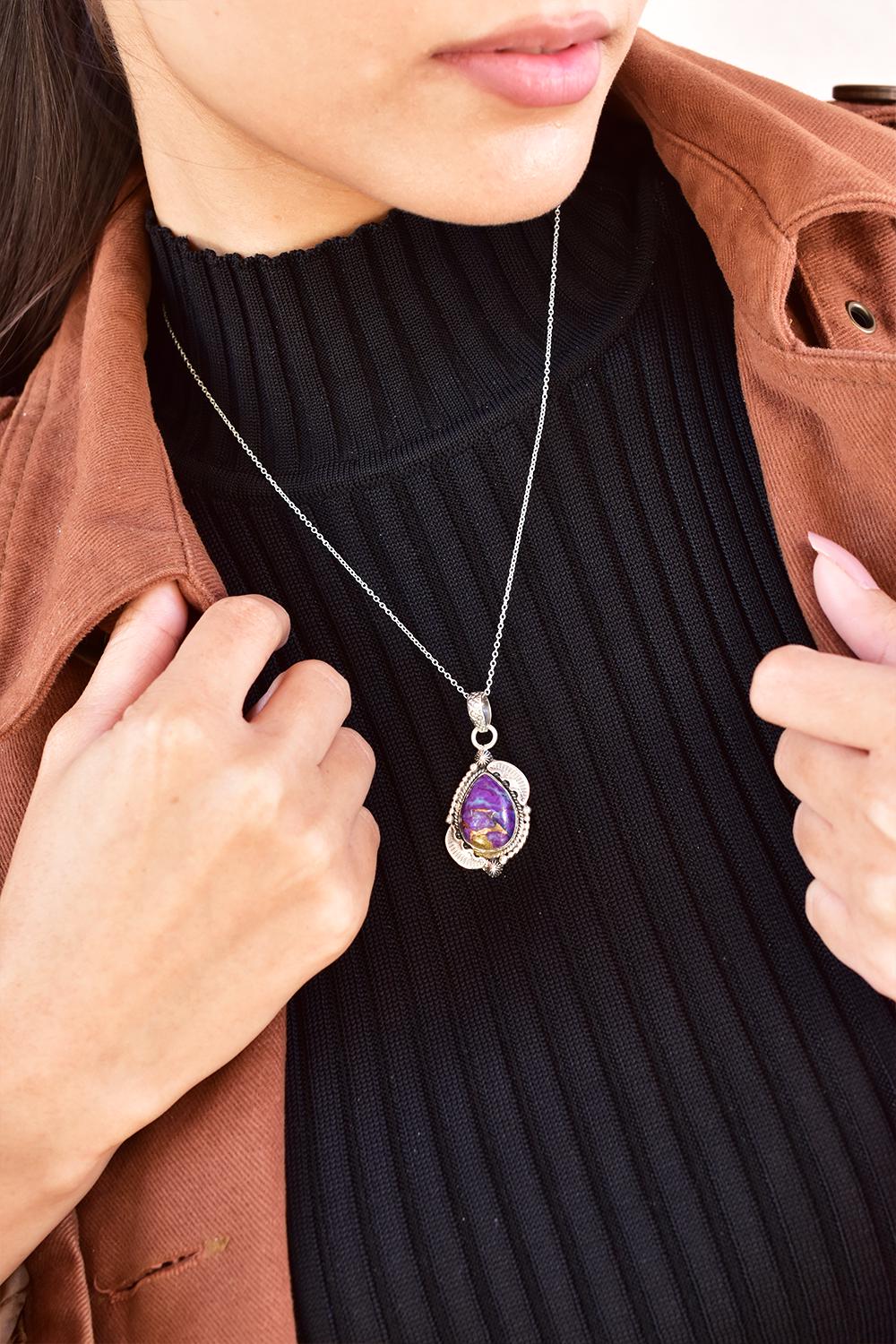 Handmade Purple Blue Turquoise & Sterling Silver Pendant with 16 inch Adjustable Chain