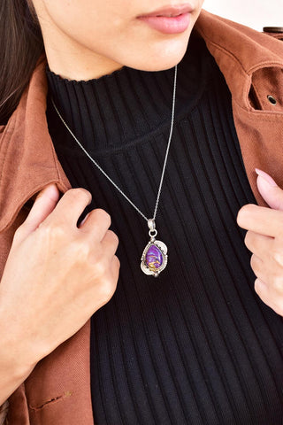 Handmade Purple Blue Turquoise & Sterling Silver Pendant with 16 inch Adjustable Chain