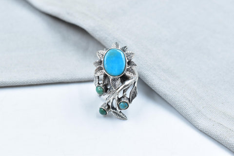 Handmade Turquoise & Sterling Silver Ring, Adjustable Flower Ring for Women
