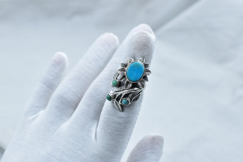 Handmade Turquoise & Sterling Silver Ring, Adjustable Flower Ring for Women