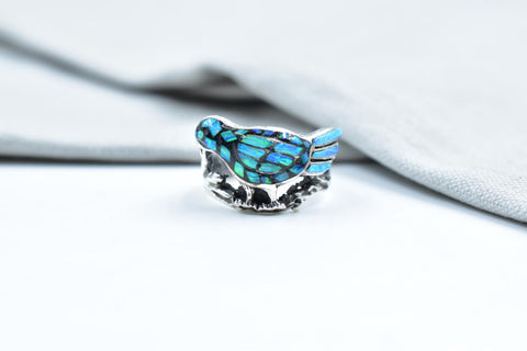 Handmade Aurora Opal & Sterling Silver Ring, Adjustable birds Ring for Women