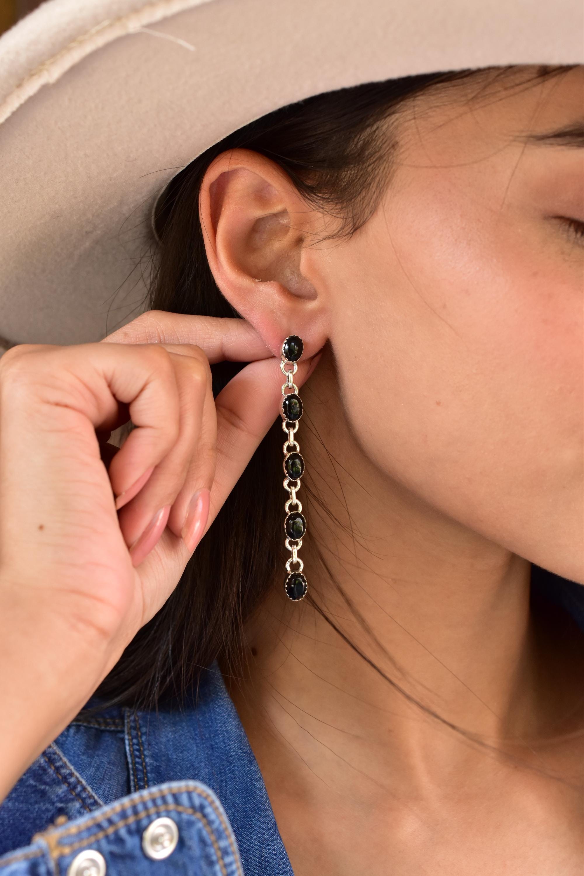 Handmade Black Onyx & Sterling Silver 5 Tiered Post Stud Earrings for Women