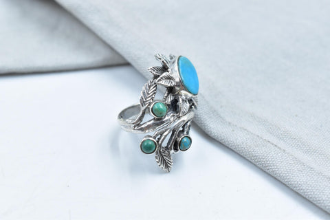 Handmade Turquoise & Sterling Silver Ring, Adjustable Flower Ring for Women