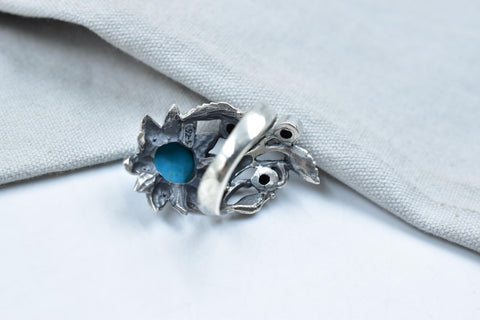 Handmade Turquoise & Sterling Silver Ring, Adjustable Flower Ring for Women