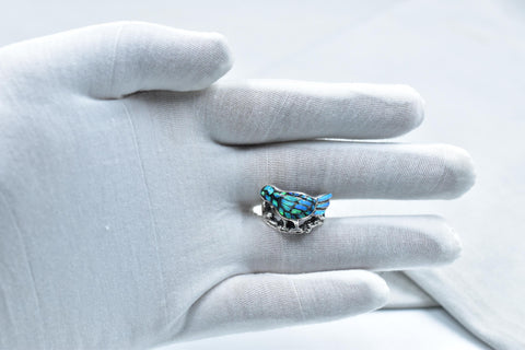 Handmade Aurora Opal & Sterling Silver Ring, Adjustable birds Ring for Women