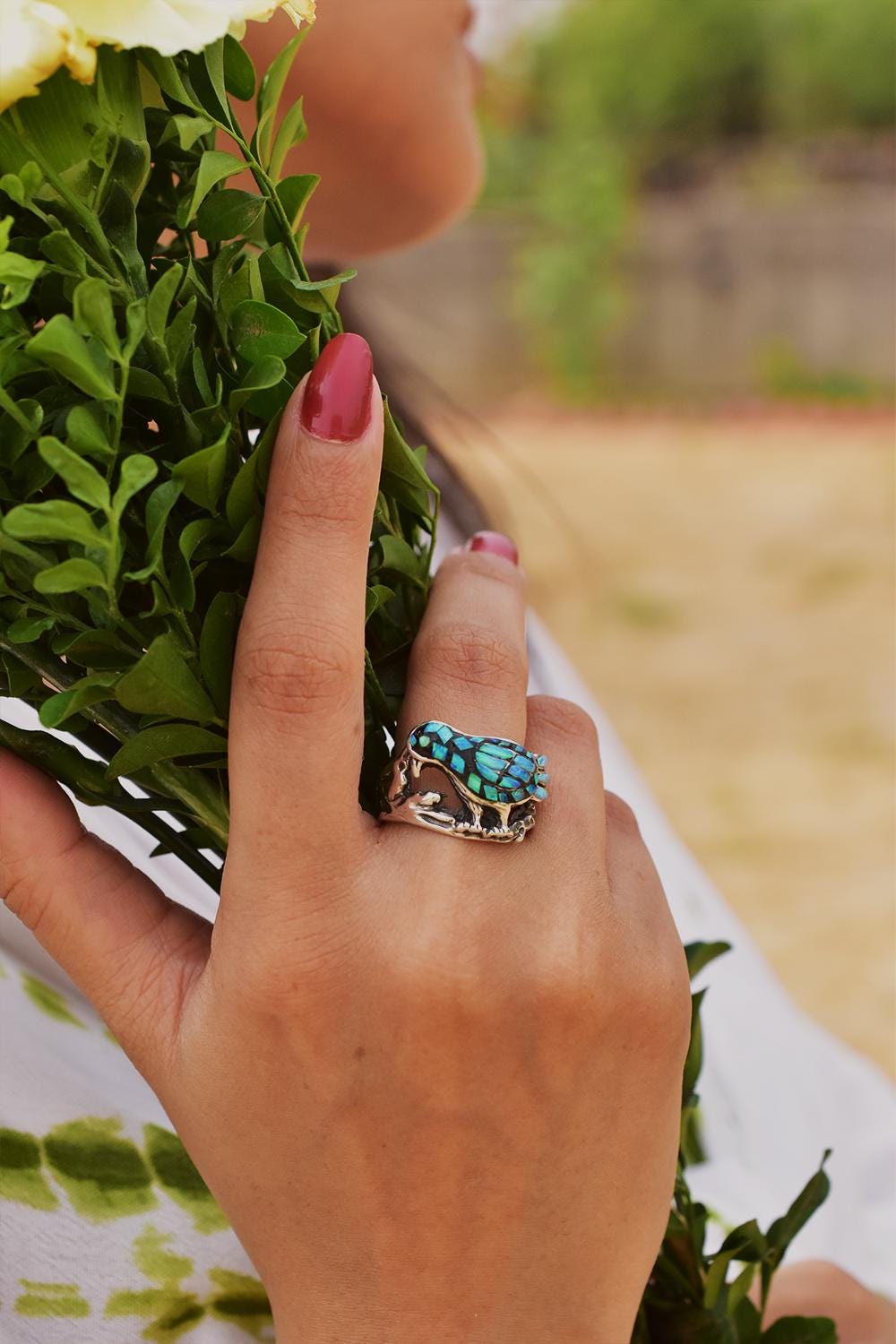 Handmade Aurora Opal & Sterling Silver Ring, Adjustable birds Ring for Women