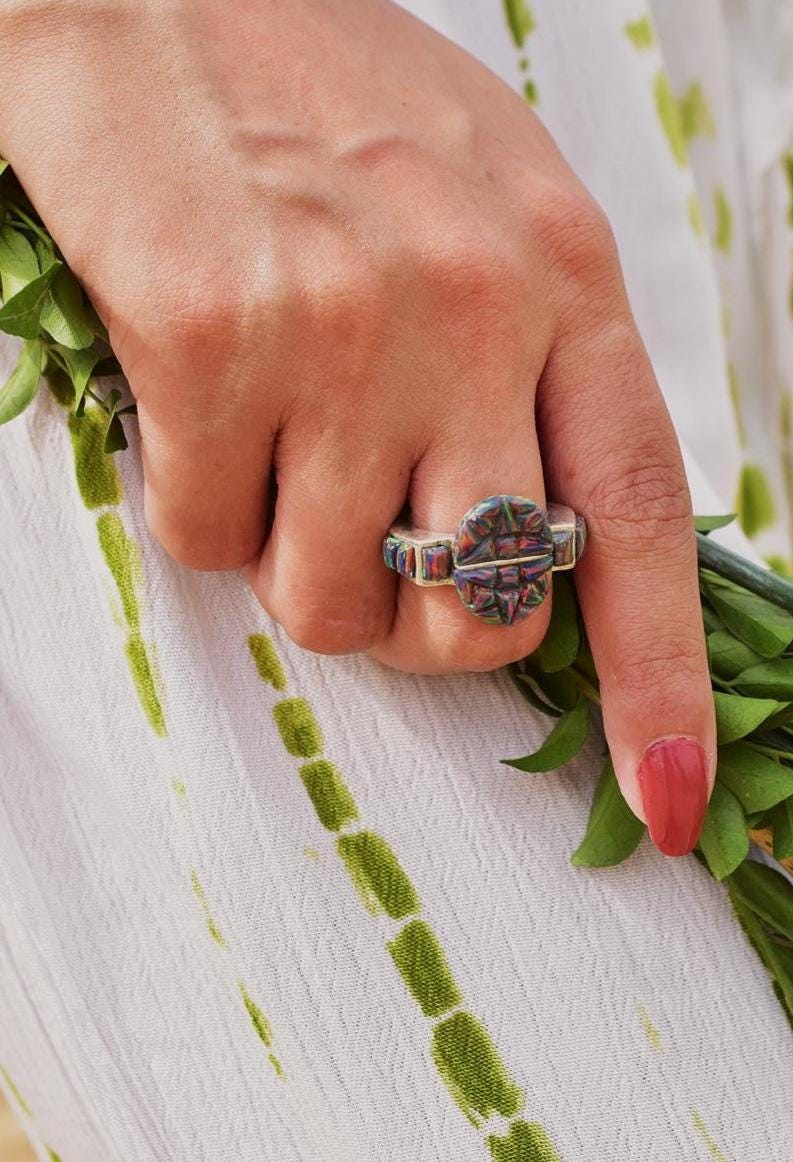 Handmade Aurora Opal & 925 Sterling Silver Ring Size 8MM US