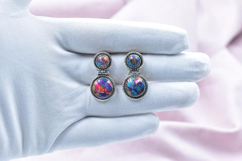 Handmade Pink Dahlia Turquoise & Sterling Silver Post Stud Earrings for Women