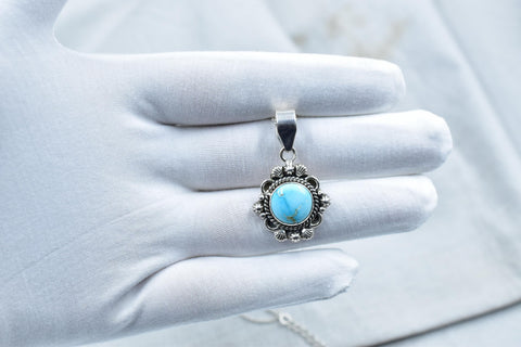 Handmade Blue Ridge Turquoise & Sterling Silver Pendant with 16 Inch Adjustable Chain