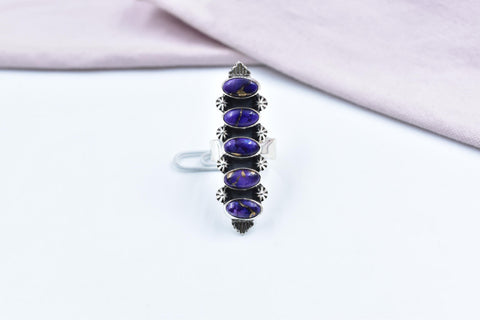 Handmade Purple Dahlia Turquoise & Sterling Silver Adjustable Ring