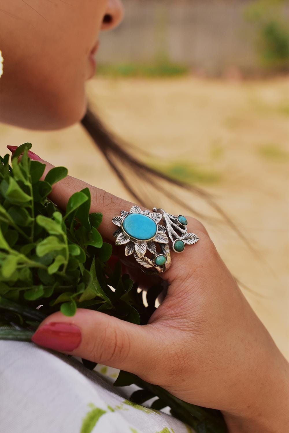 Handmade Turquoise & Sterling Silver Ring, Adjustable Flower Ring for Women