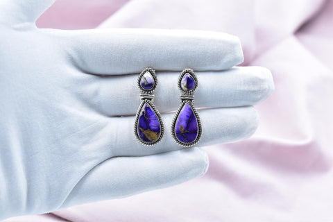 Handmade Purple Dahlia Turquoise & Sterling Silver Post Stud Earrings for Women