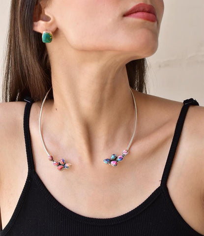 Handmade Pink Dahlia Turquoise & Sterling Silver Choker Necklaces