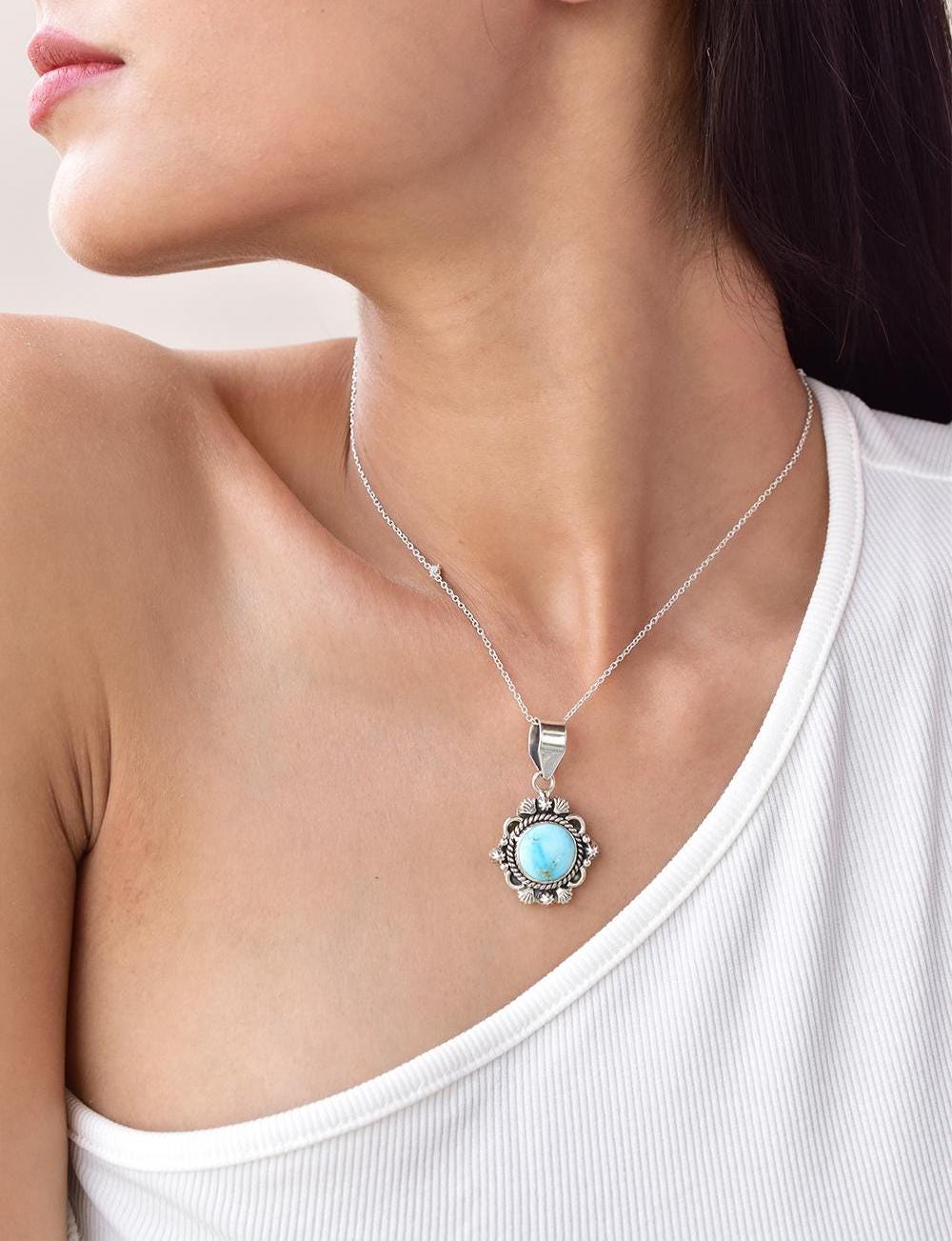 Handmade Blue Ridge Turquoise & Sterling Silver Pendant with 16 Inch Adjustable Chain