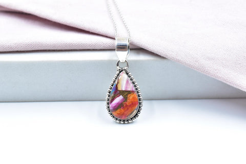 Handmade Pink Dahlia Turquoise & Sterling Silver Pendant with 16 Inch Adjustable Chain