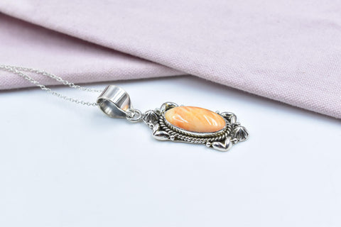 Handmade Orange Spiny Oyster & Sterling Silver Pendant with 16 Inch Adjustable Chain