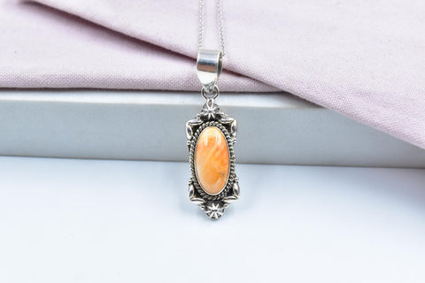 Handmade Orange Spiny Oyster & Sterling Silver Pendant with 16 Inch Adjustable Chain