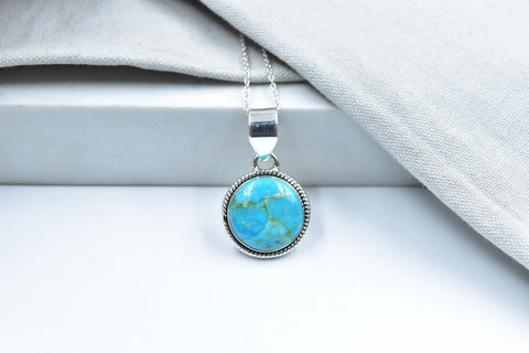 Handmade Mojave Turquoise & Sterling Silver Pendant with 16 Inch Adjustable Chain