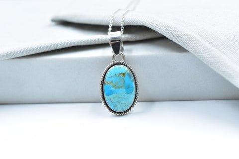 Handmade Mojave Turquoise & Sterling Silver Pendant with 16 Inch Adjustable Chain