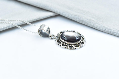 Handmade Black Shell & Sterling Silver Pendant with 16 Inch Adjustable Chain