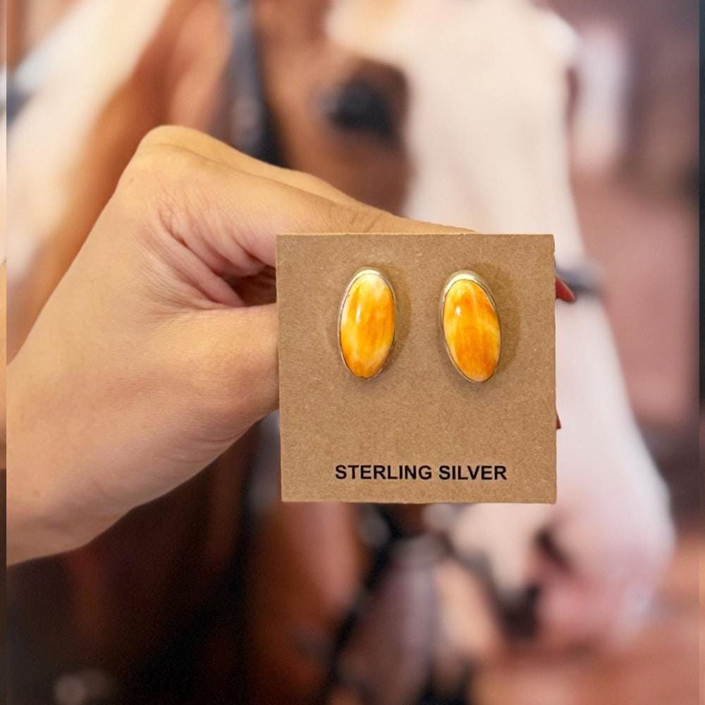 Handmade Orange Spiny Oyster Turquoise & Sterling Silver Post Stud Earrings for Women
