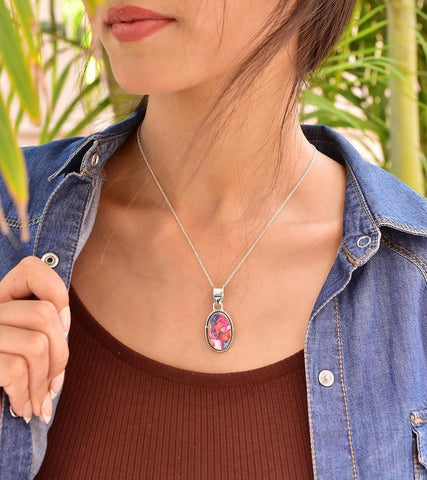 Handmade Pink Dahlia Turquoise & Sterling Silver Pendant with 16 Inch Adjustable Chain