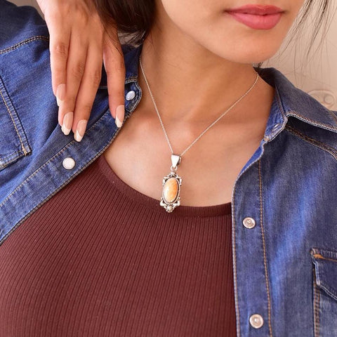 Handmade Orange Spiny Oyster & Sterling Silver Pendant with 16 Inch Adjustable Chain
