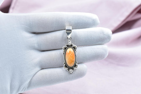 Handmade Orange Spiny Oyster & Sterling Silver Pendant with 16 Inch Adjustable Chain