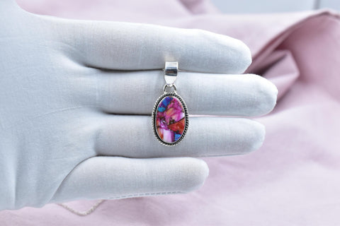 Handmade Pink Dahlia Turquoise & Sterling Silver Pendant with 16 Inch Adjustable Chain