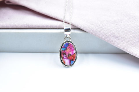Handmade Pink Dahlia Turquoise & Sterling Silver Pendant with 16 Inch Adjustable Chain
