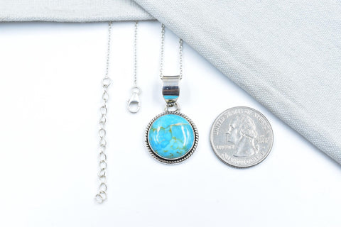 Handmade Mojave Turquoise & Sterling Silver Pendant with 16 Inch Adjustable Chain