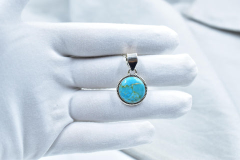 Handmade Mojave Turquoise & Sterling Silver Pendant with 16 Inch Adjustable Chain