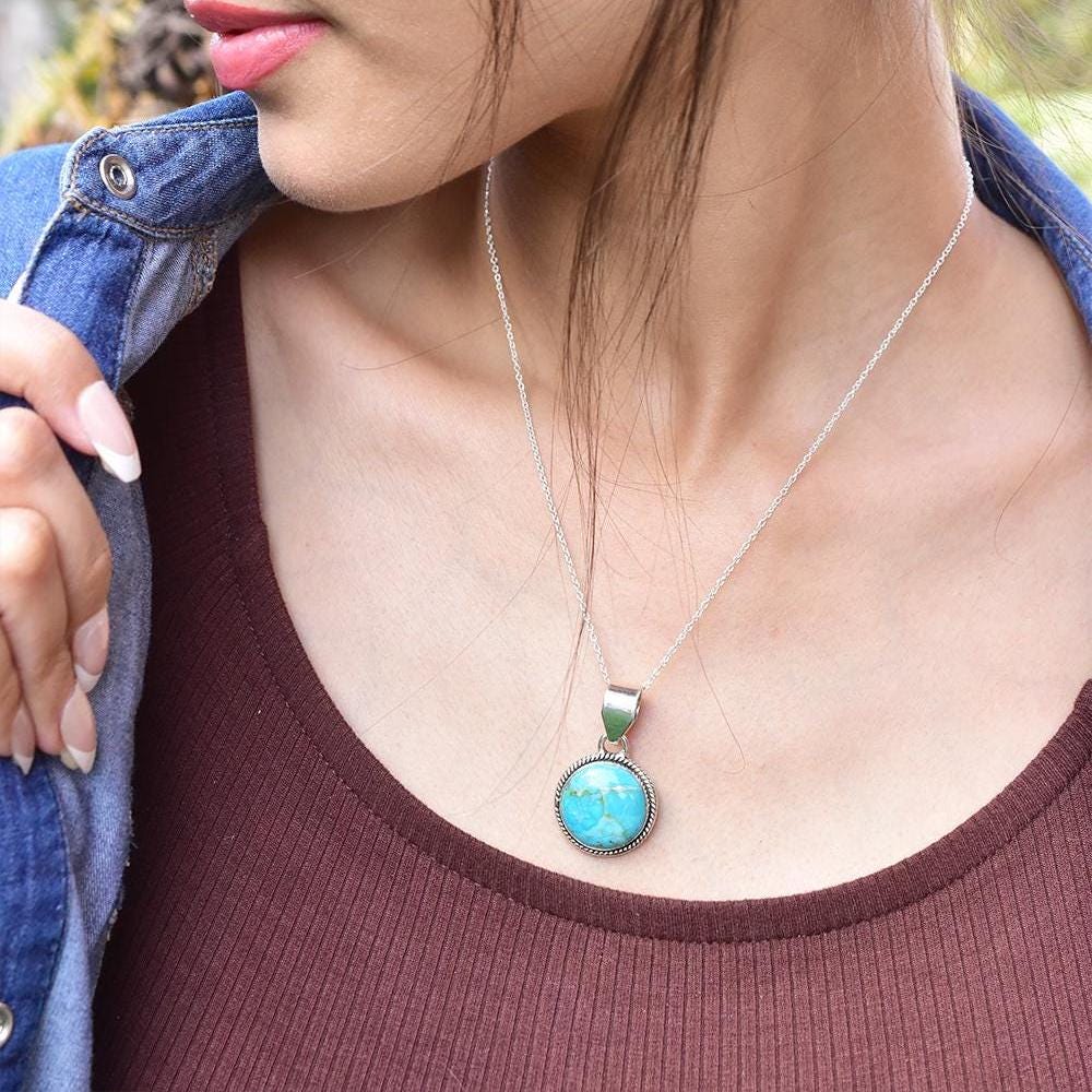 Handmade Mojave Turquoise & Sterling Silver Pendant with 16 Inch Adjustable Chain