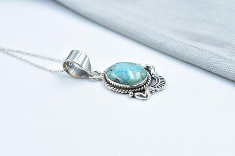 Handmade Hubei Turquoise & Silver Pendant with 16 Inch Adjustable Chain