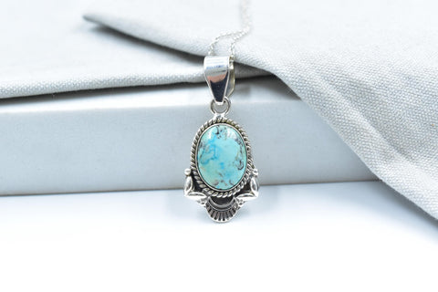 Handmade Hubei Turquoise & Silver Pendant with 16 Inch Adjustable Chain