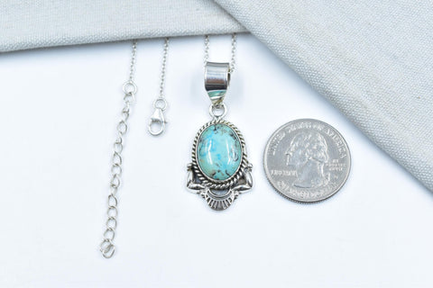 Handmade Hubei Turquoise & Silver Pendant with 16 Inch Adjustable Chain