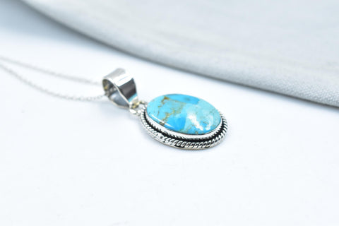 Handmade Mojave Turquoise & Sterling Silver Pendant with 16 Inch Adjustable Chain