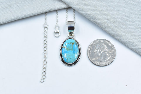 Handmade Mojave Turquoise & Sterling Silver Pendant with 16 Inch Adjustable Chain
