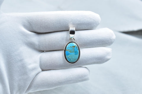 Handmade Mojave Turquoise & Sterling Silver Pendant with 16 Inch Adjustable Chain