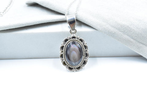 Handmade Black Shell & Sterling Silver Pendant with 16 Inch Adjustable Chain