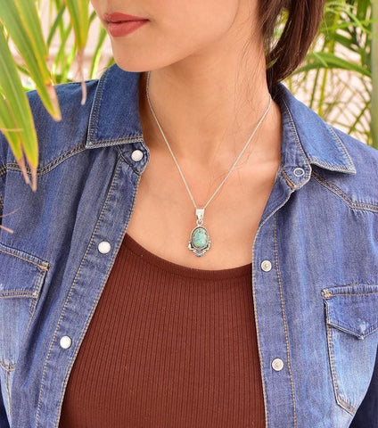 Handmade Hubei Turquoise & Silver Pendant with 16 Inch Adjustable Chain