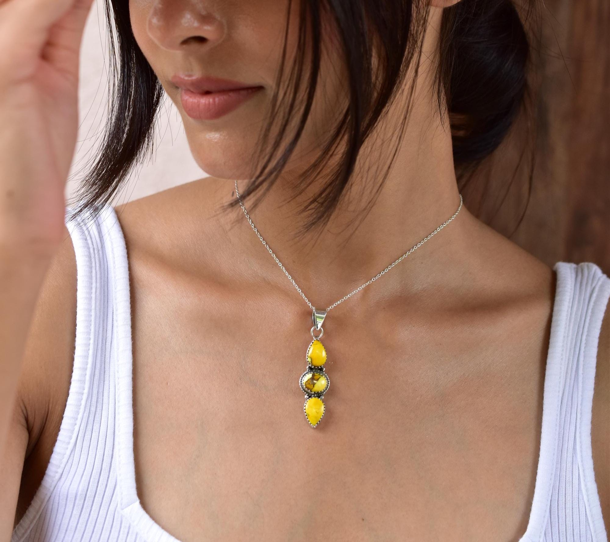 Handmade Honey Dahlia Turquoise & Sterling Silver Pendant with 16 inch Adjustable Chain